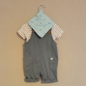 Gray Overalls with Striped Shirt and Blue Bandana Bib